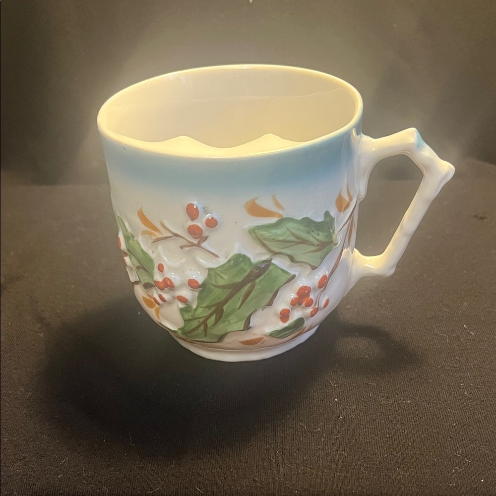 Vintage Festive Ceramic Moustache Mug with Holly Design